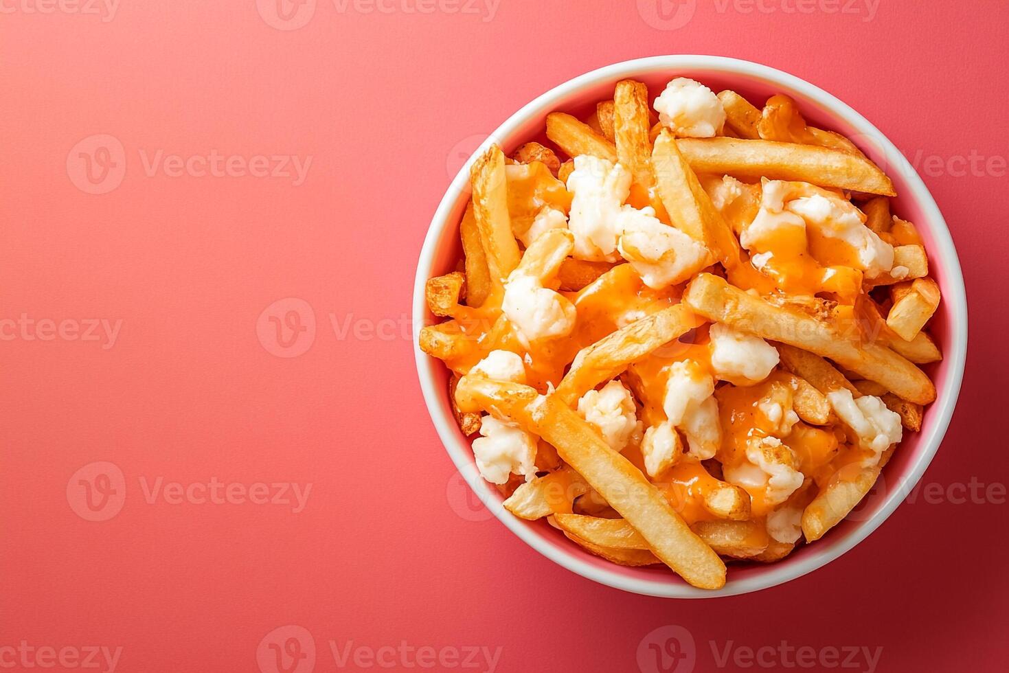Top View Of International Comfort Food Poutine On Vibrant Background With Copy Space, Cuisine Photography photo