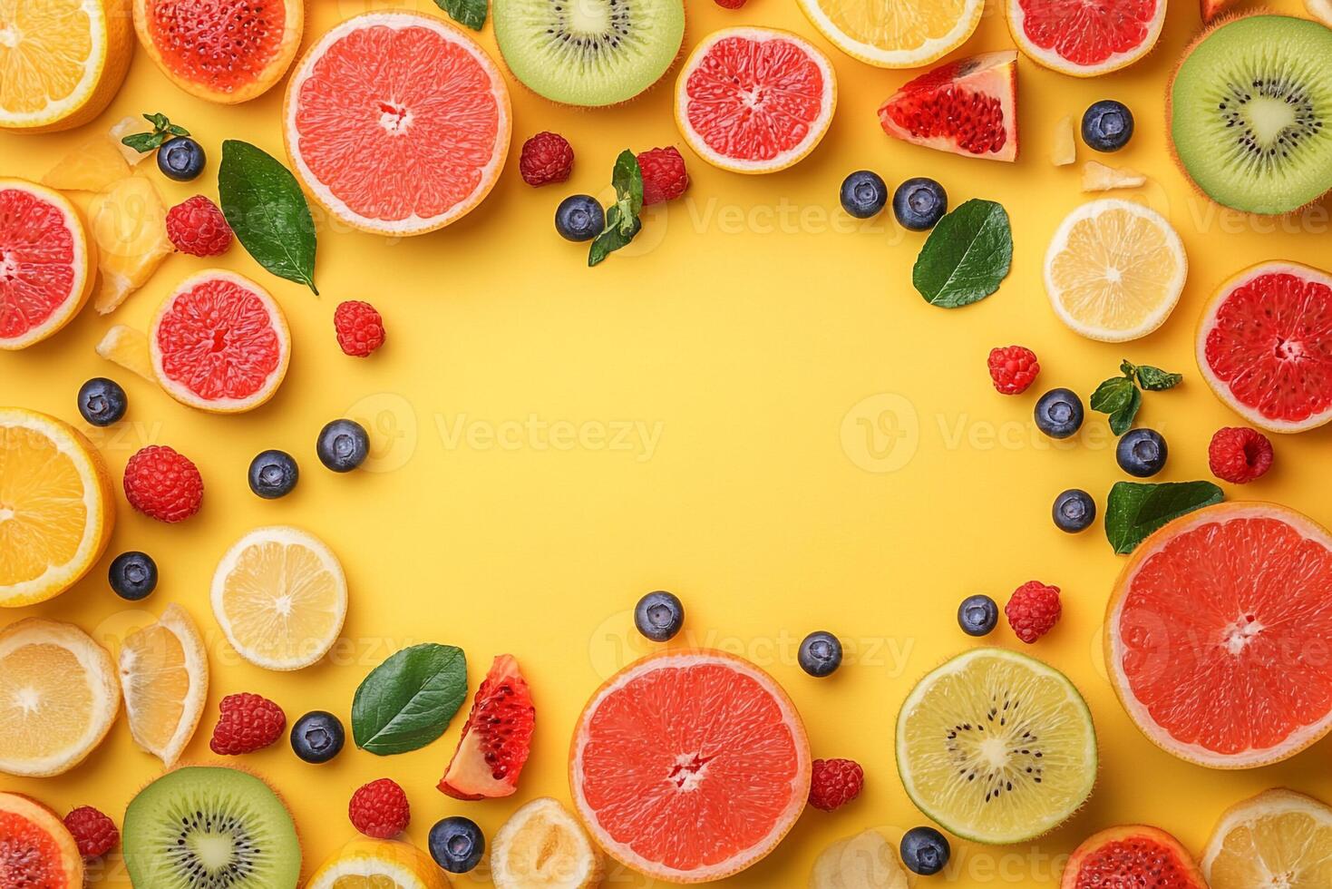 Top View Of Large Fruit Salad On Vibrant Background With Copy Space, Cuisine Photography photo