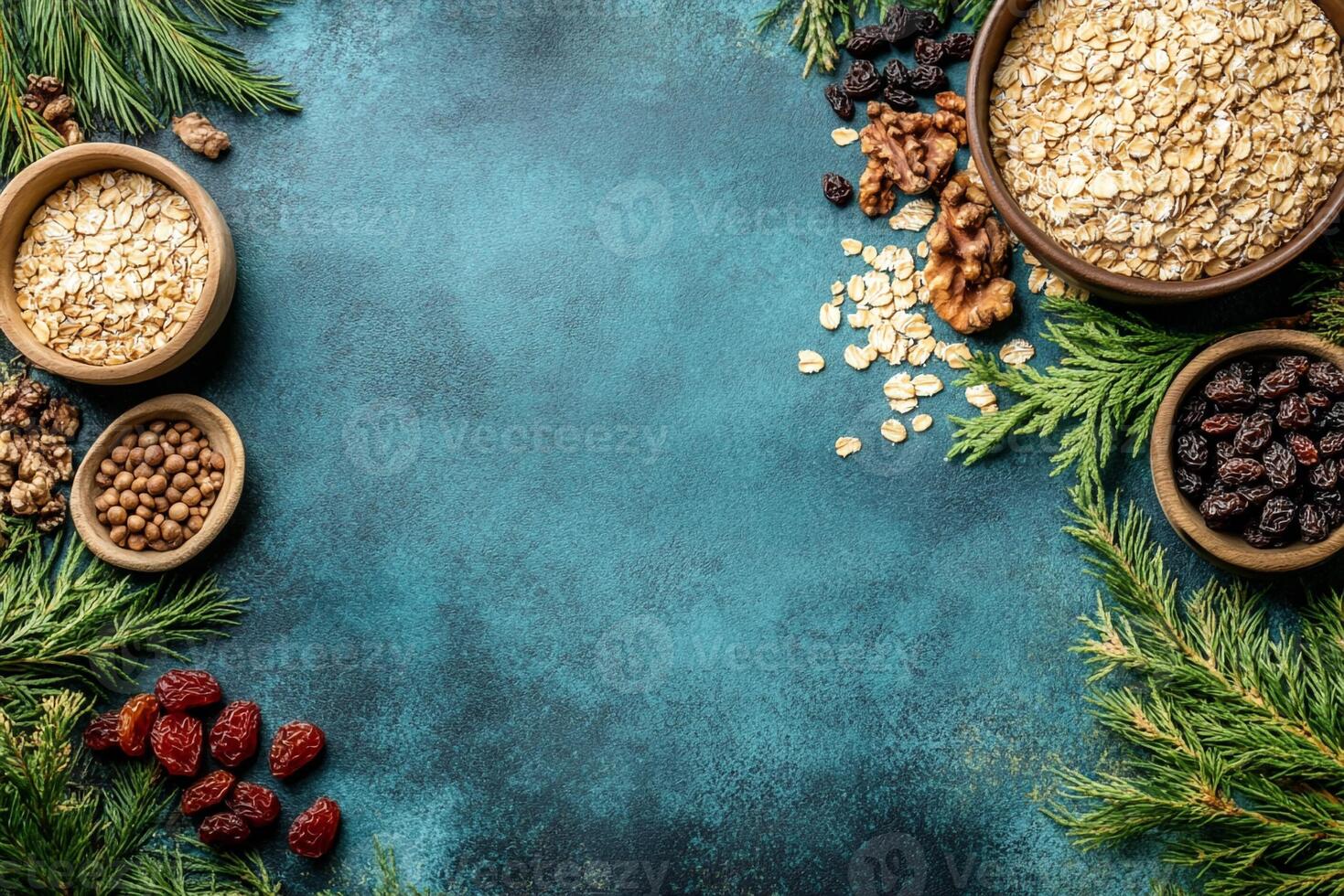 Top View Of Oatmeal With Brown Sugar And Raisins On Vibrant Background With Copy Space, Cuisine Photography photo