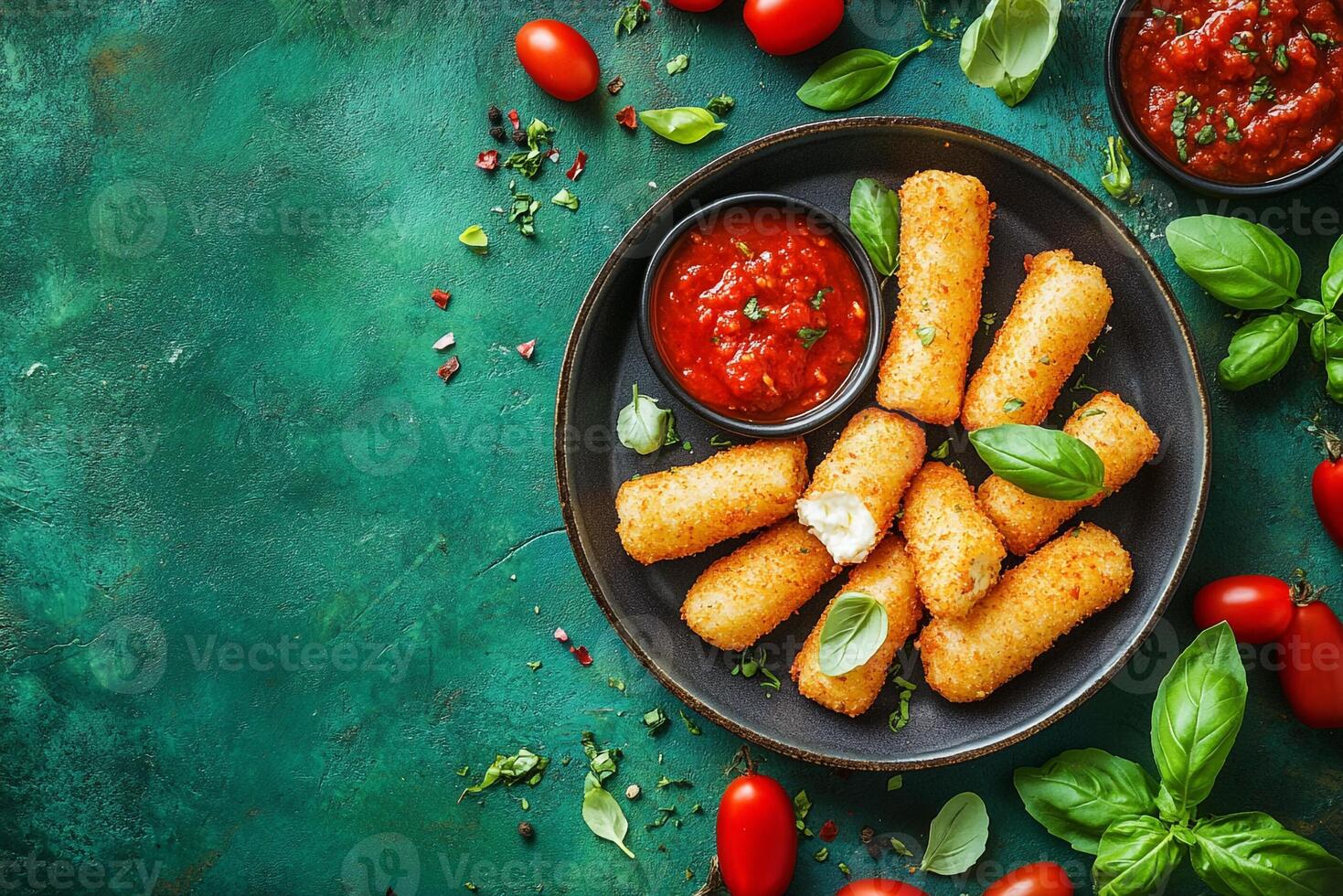Top View Of Mozzarella Sticks With Marinara On Vibrant Background With Copy Space, Cuisine Photography photo