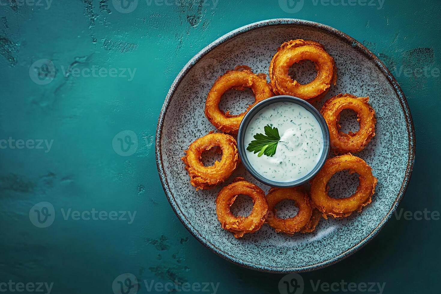 Top View Of Onion Rings With Ranch Dip On Vibrant Background With Copy Space, Cuisine Photography photo