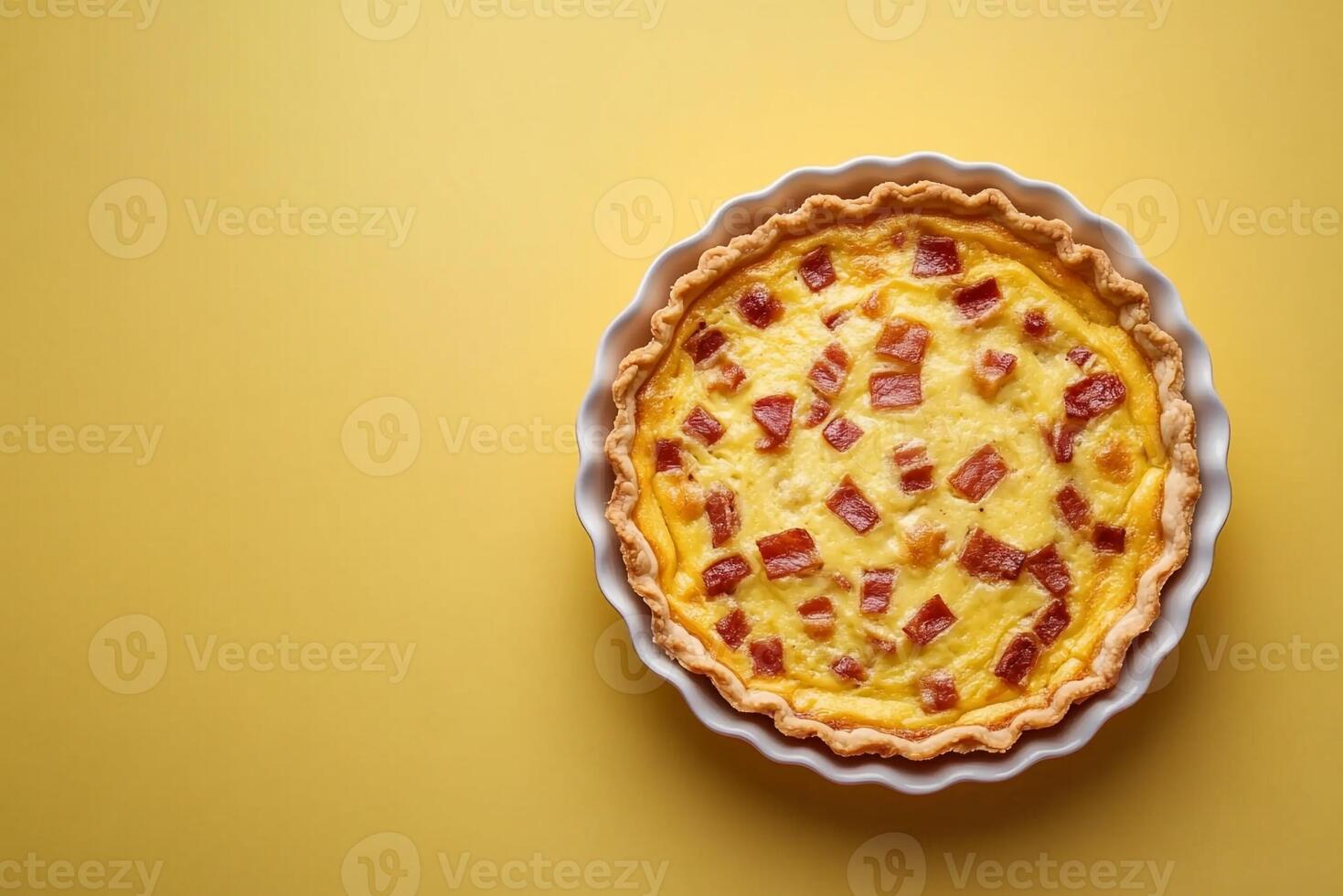 Top View Of Quiche Lorraine With Gruyere On Vibrant Background With Copy Space, Cuisine Photography photo