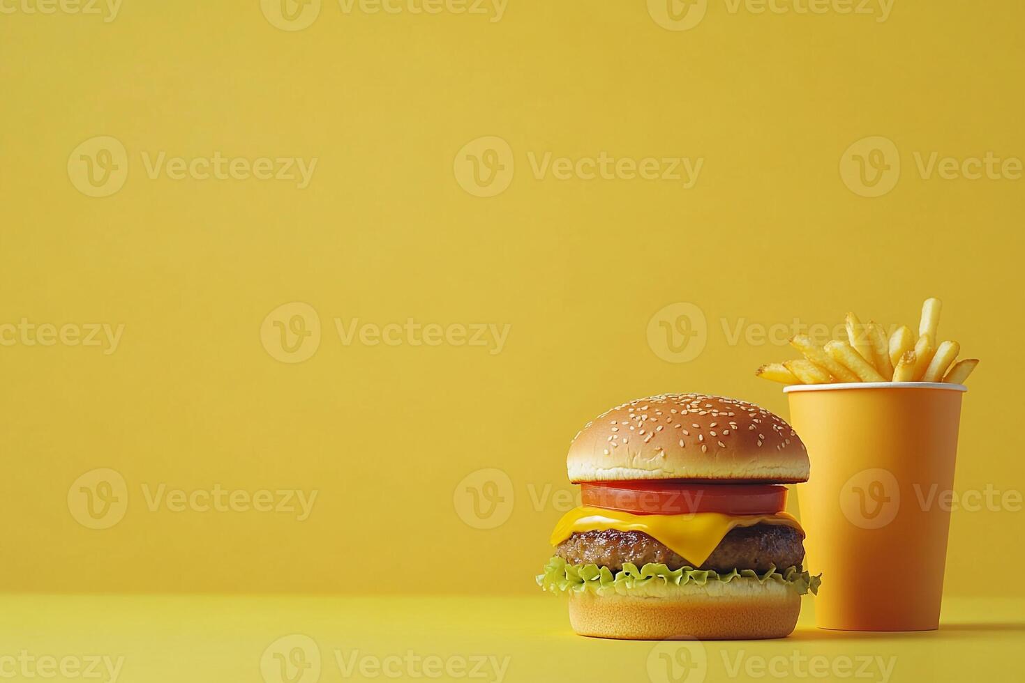 Value Meal With Cheeseburger And Fries, Copy Space, Food Setting photo