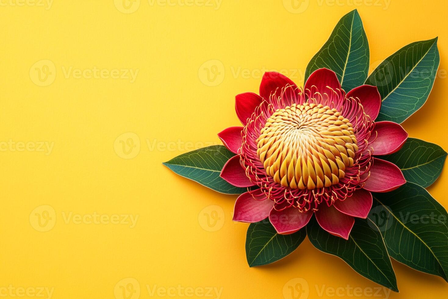 Waratah on a vibrant background, top view photorealistic plant photo