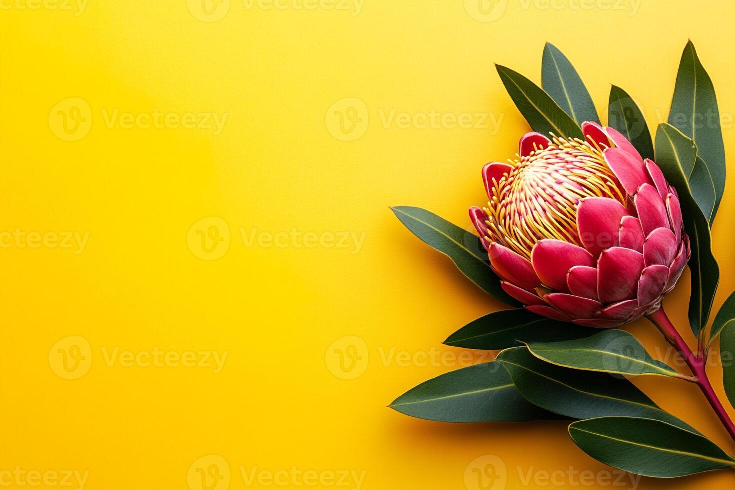 Waratah on a vibrant background, photorealistic top view Waratah plant photo