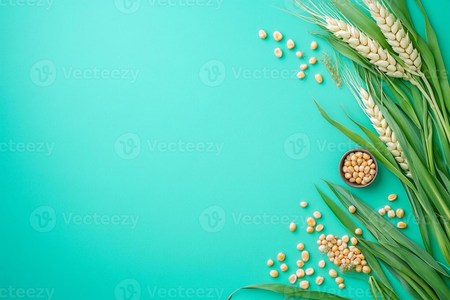 Zea mays on a vibrant background, top view photorealistic plant photo