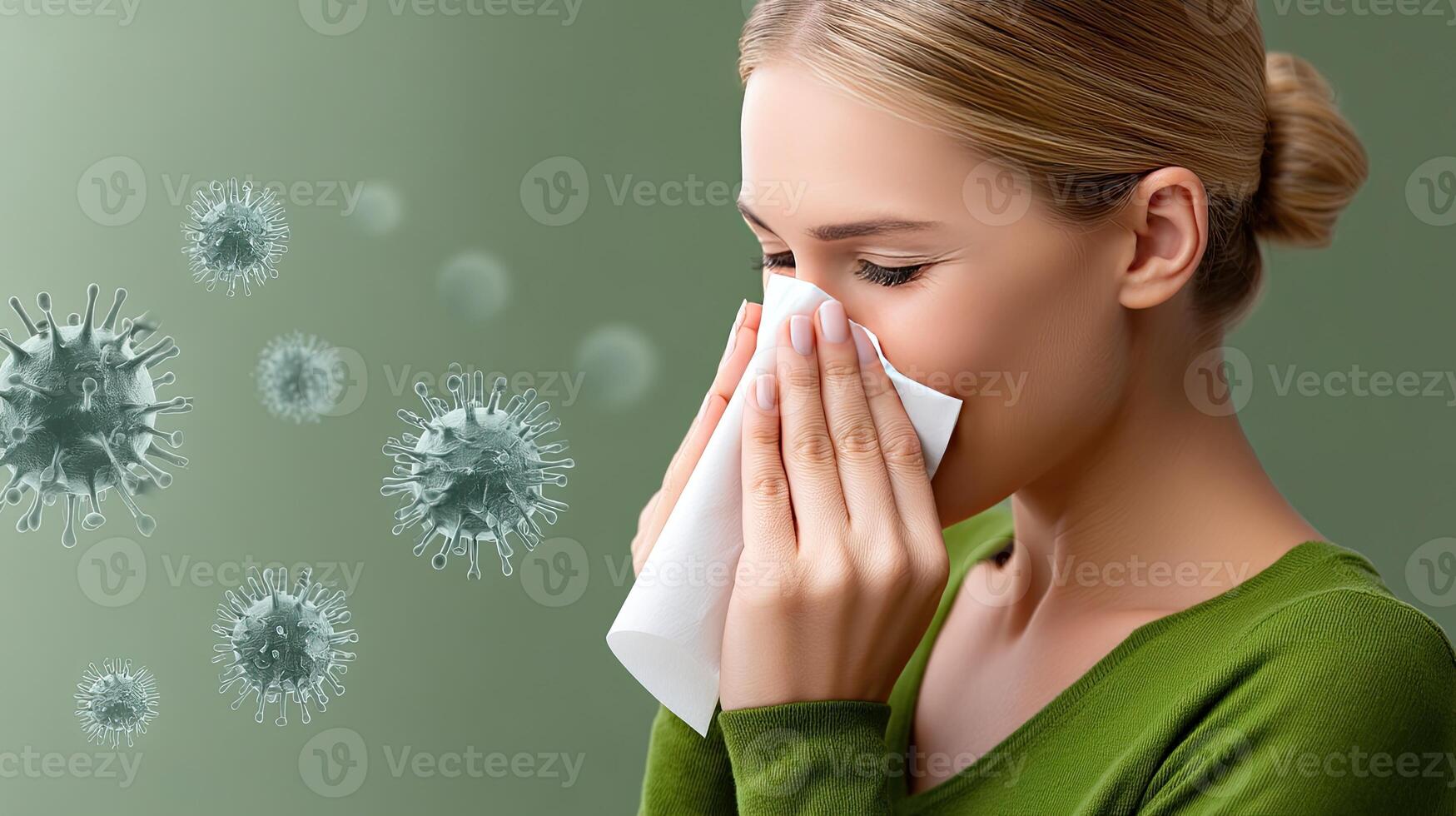 A woman blowing her nose with a tissue photo