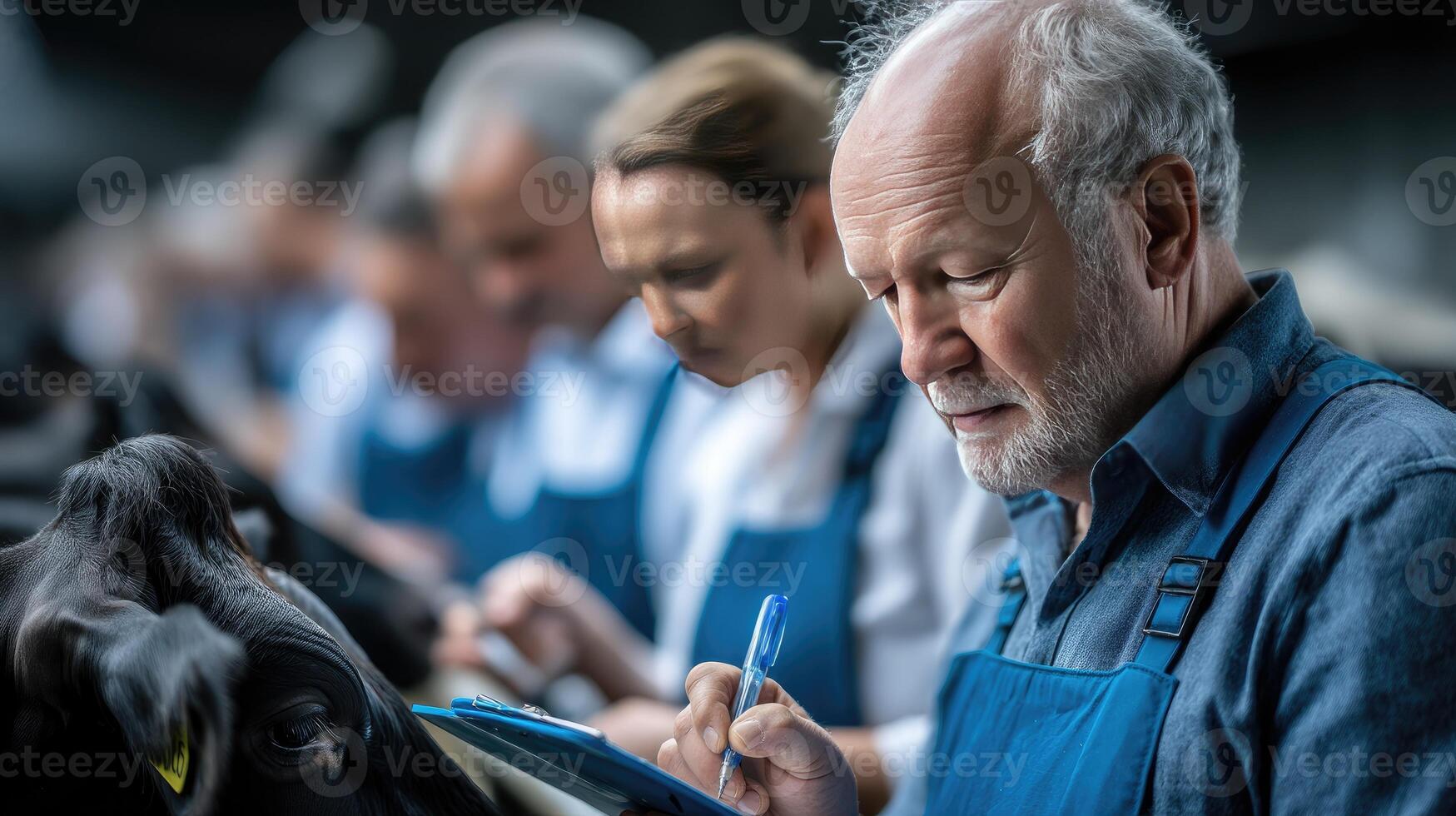 A man in an apron writing on a clipboard while looking at a cow photo