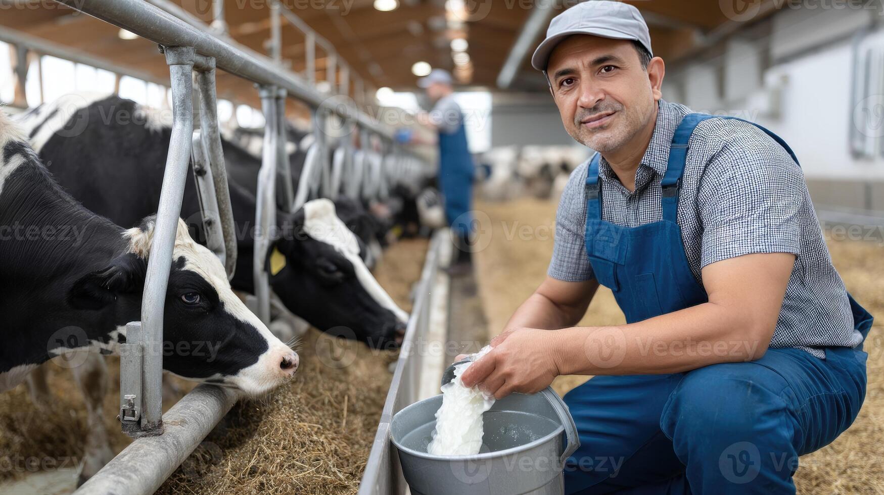A man in overalls is feeding cows milk photo