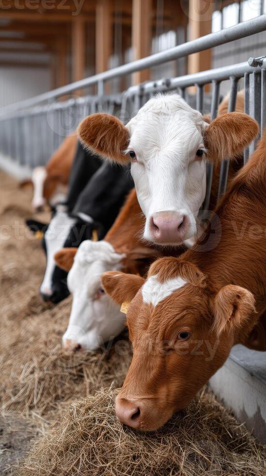 A group of cows in a barn eating hay photo