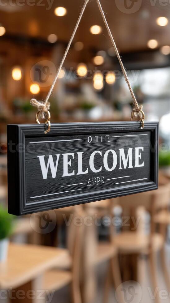 A welcome sign hanging from a wooden frame in a restaurant photo