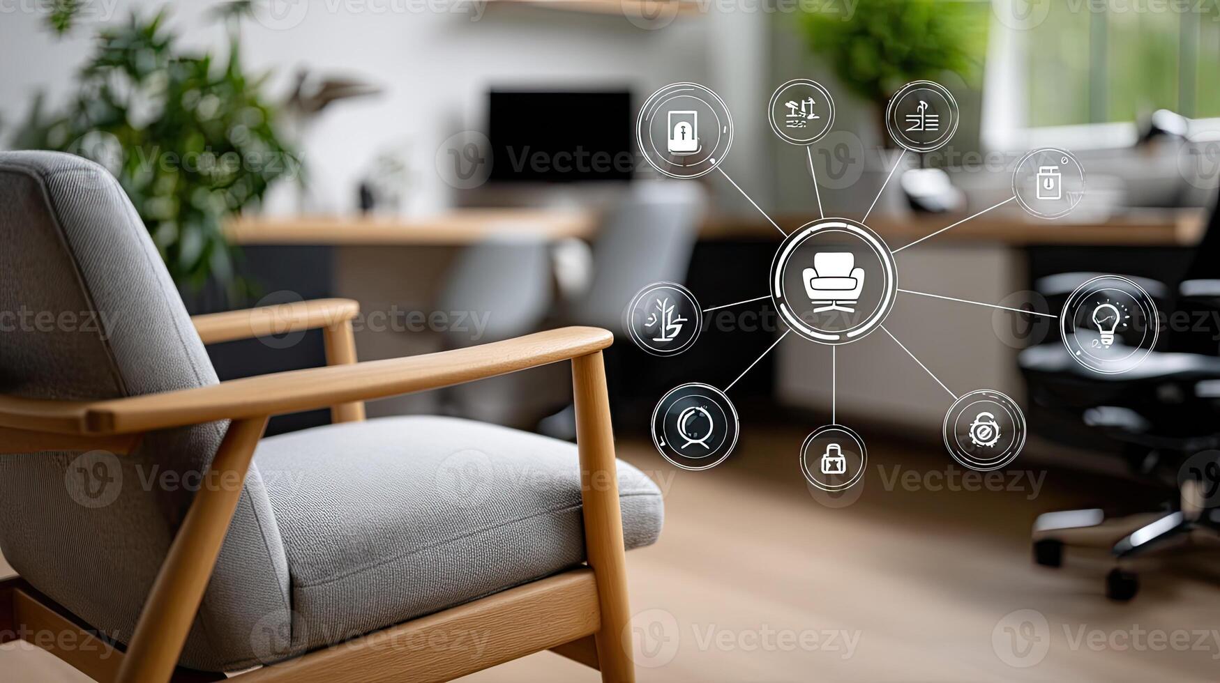 A chair with icons on it in front of a desk photo
