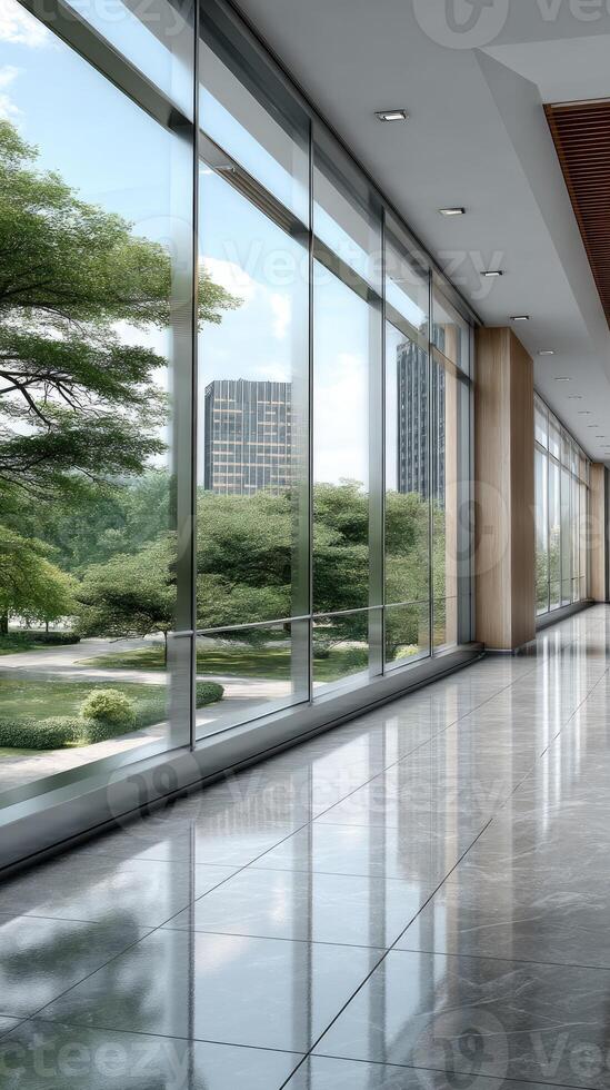 A long hallway with large windows and a large glass wall photo