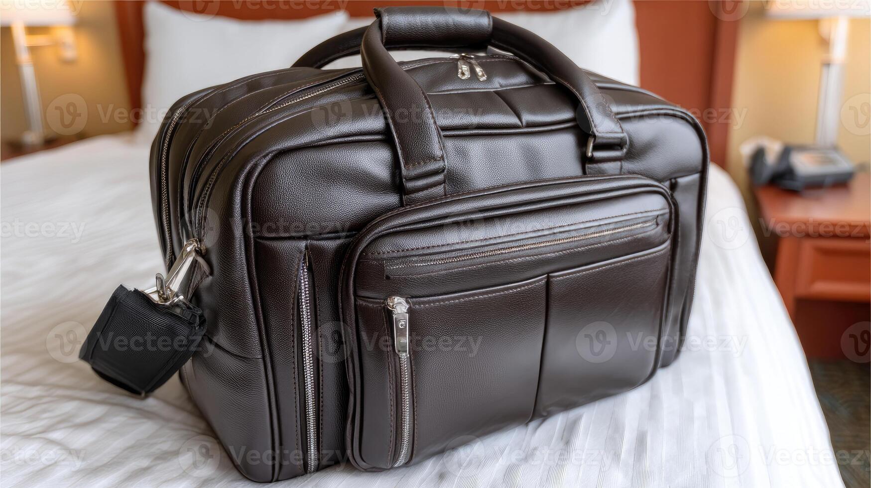 A brown leather briefcase sitting on a bed photo