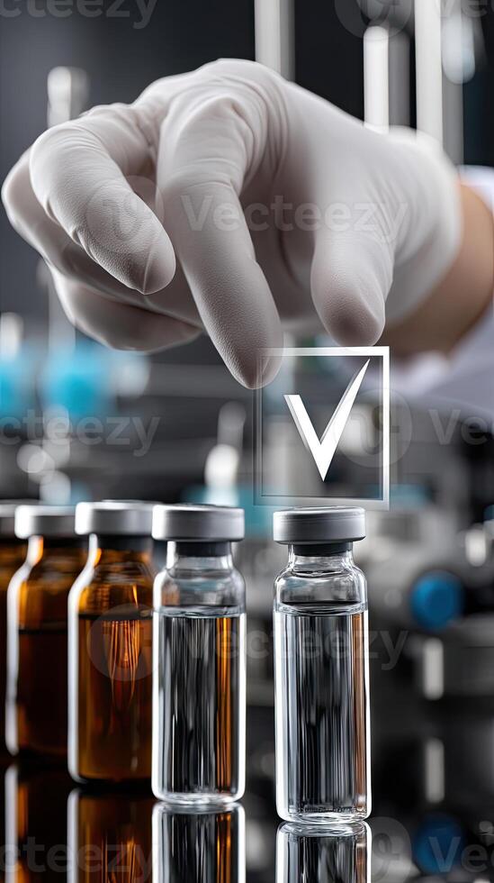 A person in a lab coat holding a vial with a check mark photo