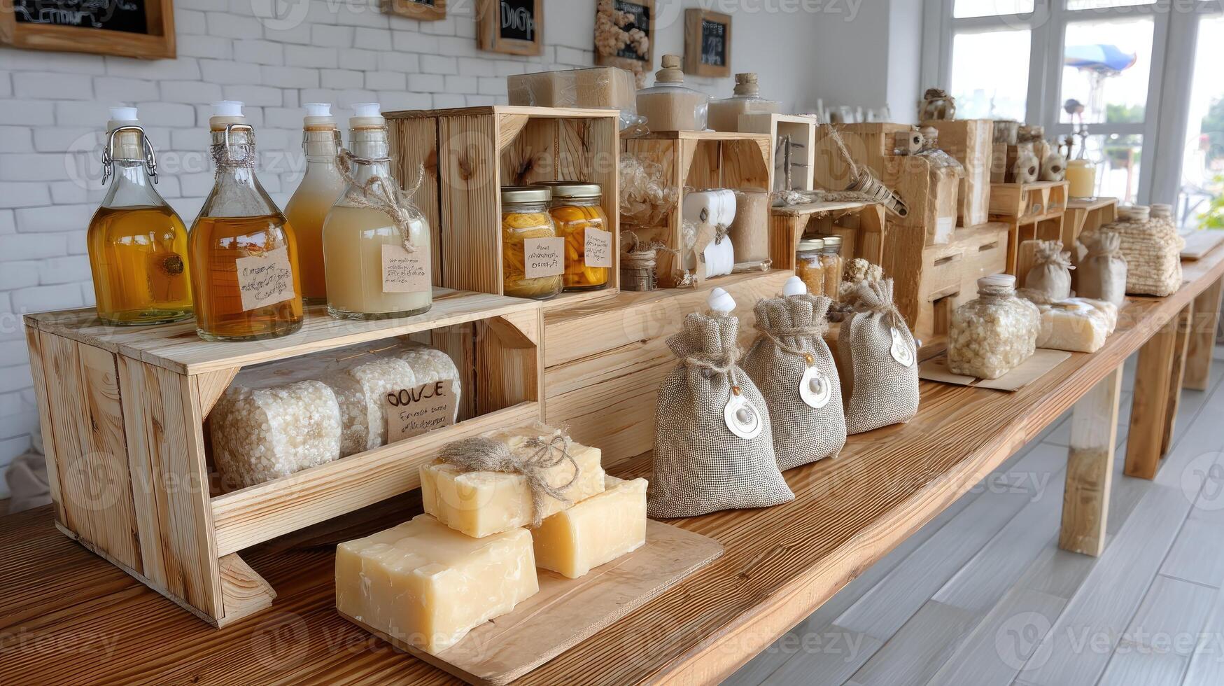 A wooden counter with soap, soap bars, and other items photo