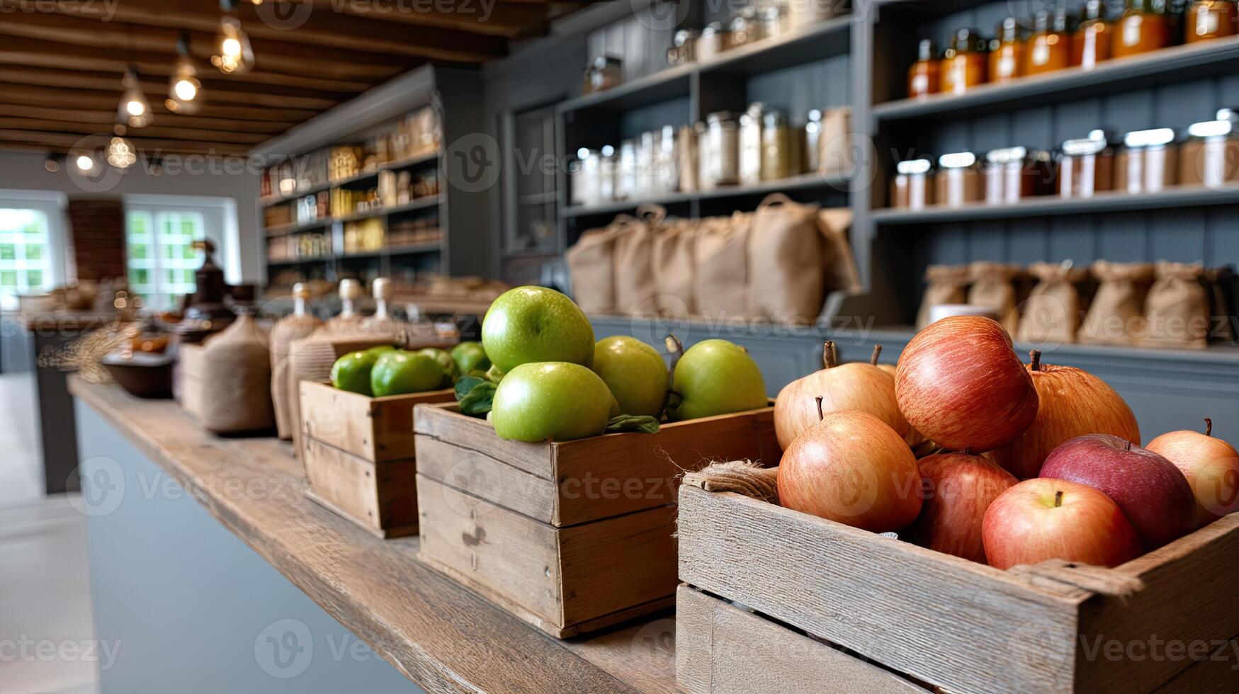 A wooden crate filled with apples and other fruits photo