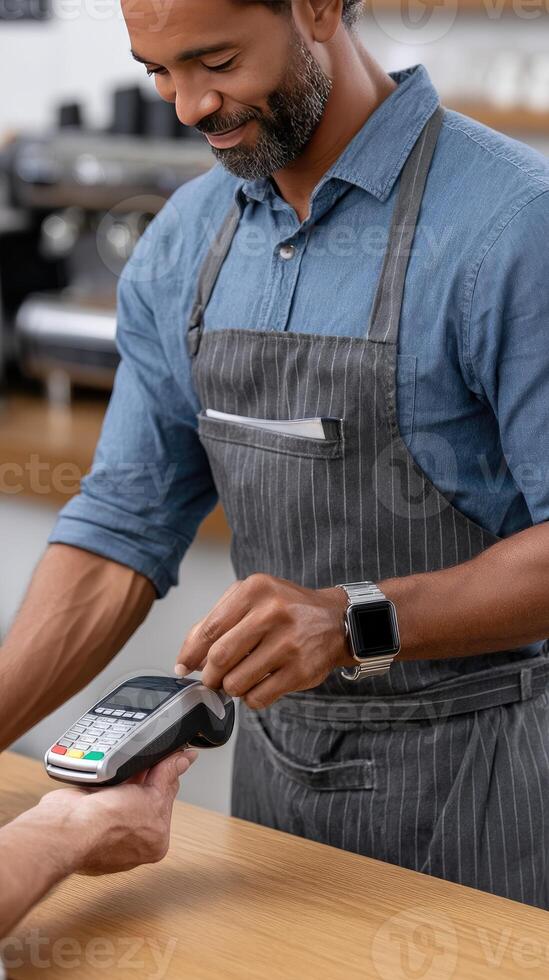 A man in an apron is paying for something with a credit card photo