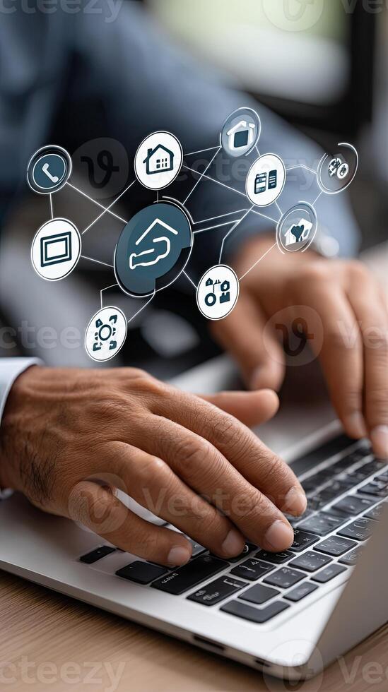Man using laptop with icons on the screen photo