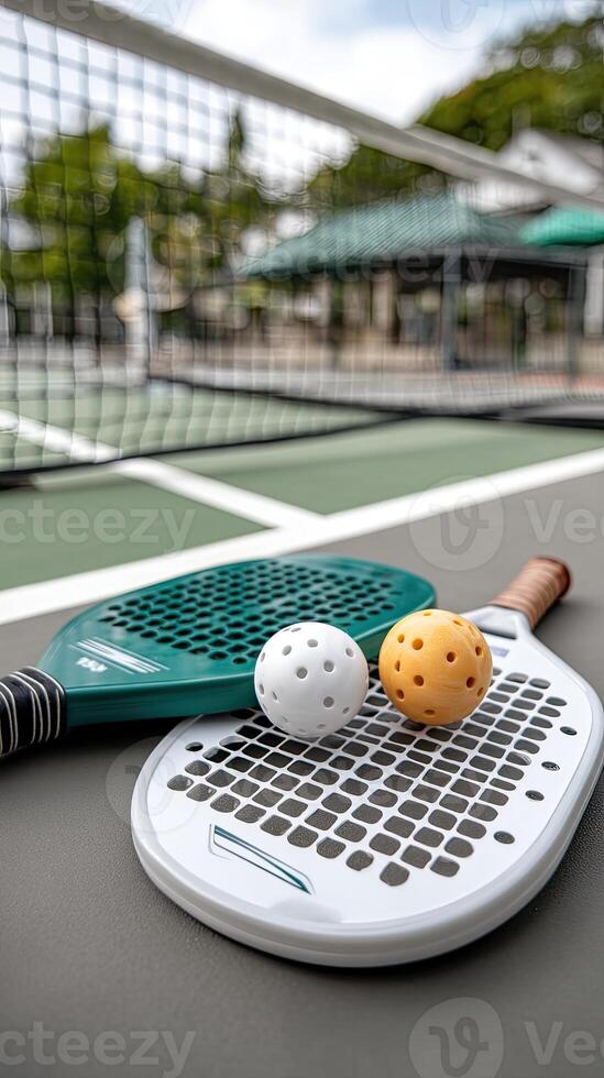 A tennis racket and two balls on a tennis court photo