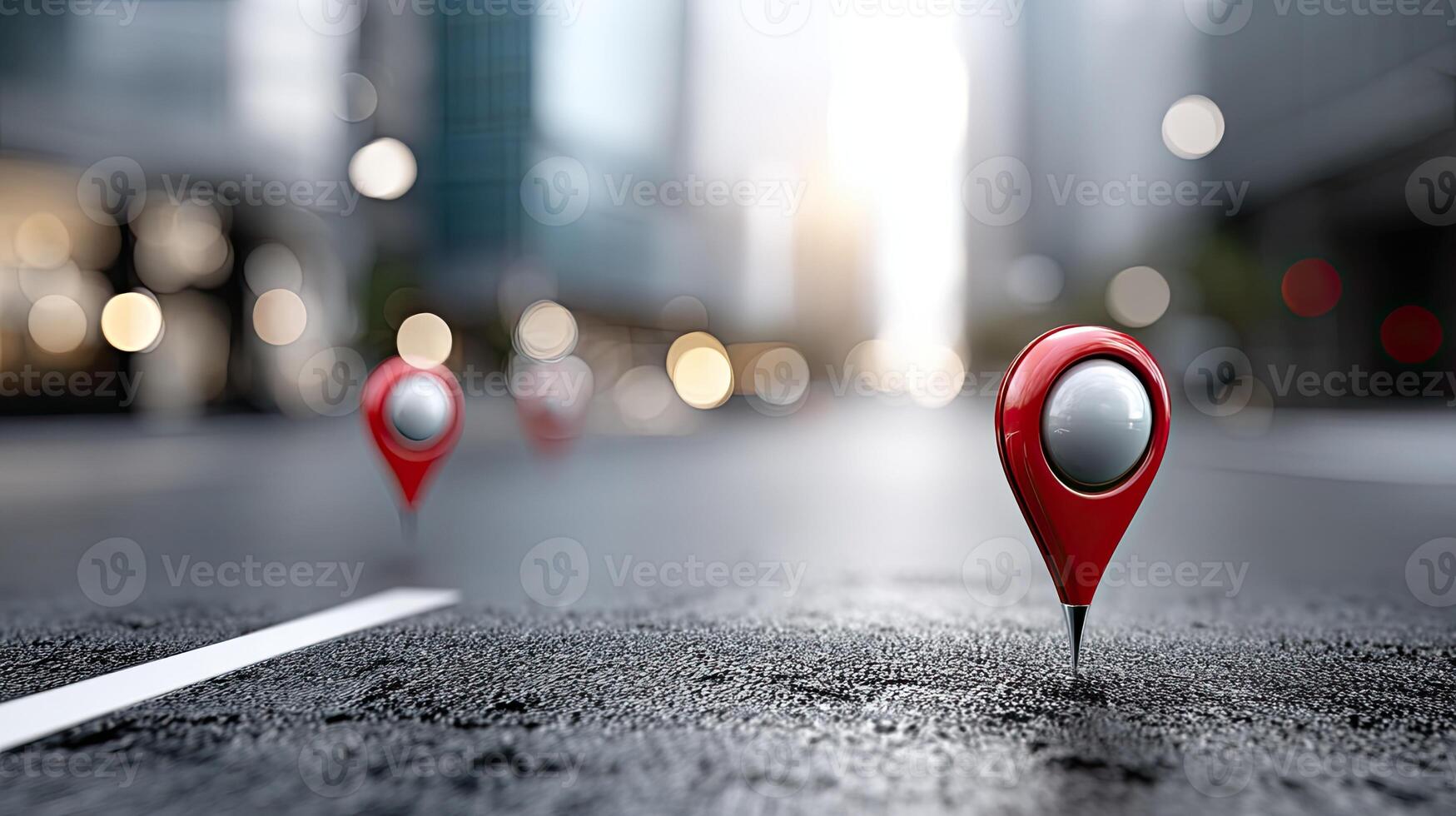 A red pin on the ground in front of a city photo