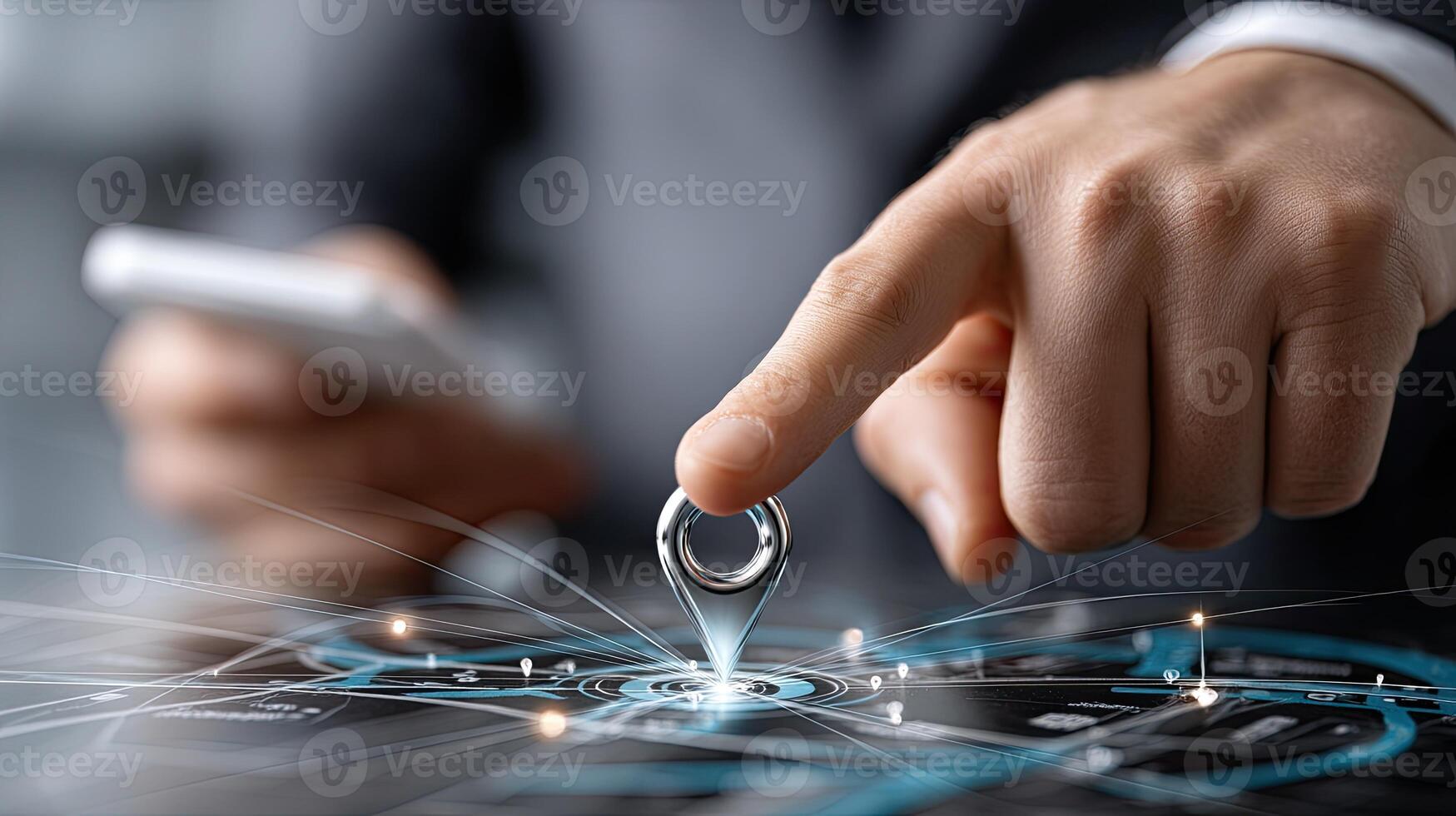 A man in a suit is touching a ring on a table with a futuristic design photo