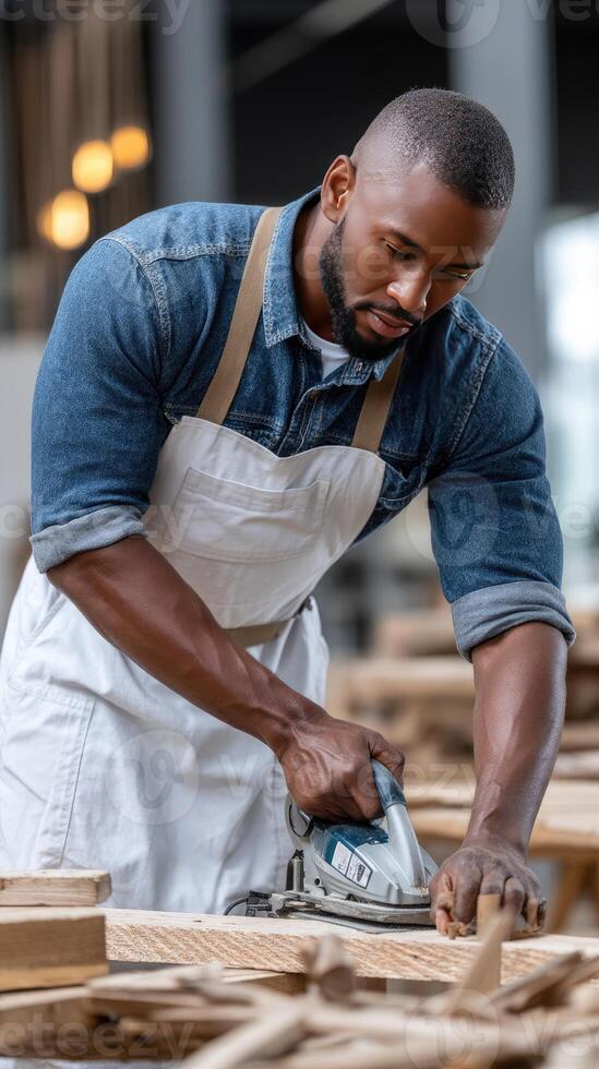 A man in an apron is working on a wooden table photo
