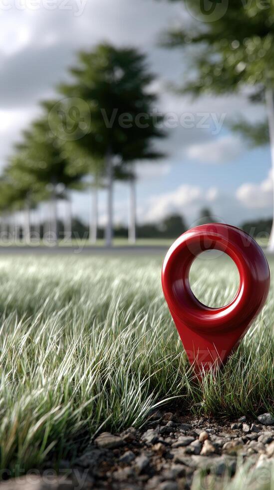 A red pin is sitting in the grass near a road photo