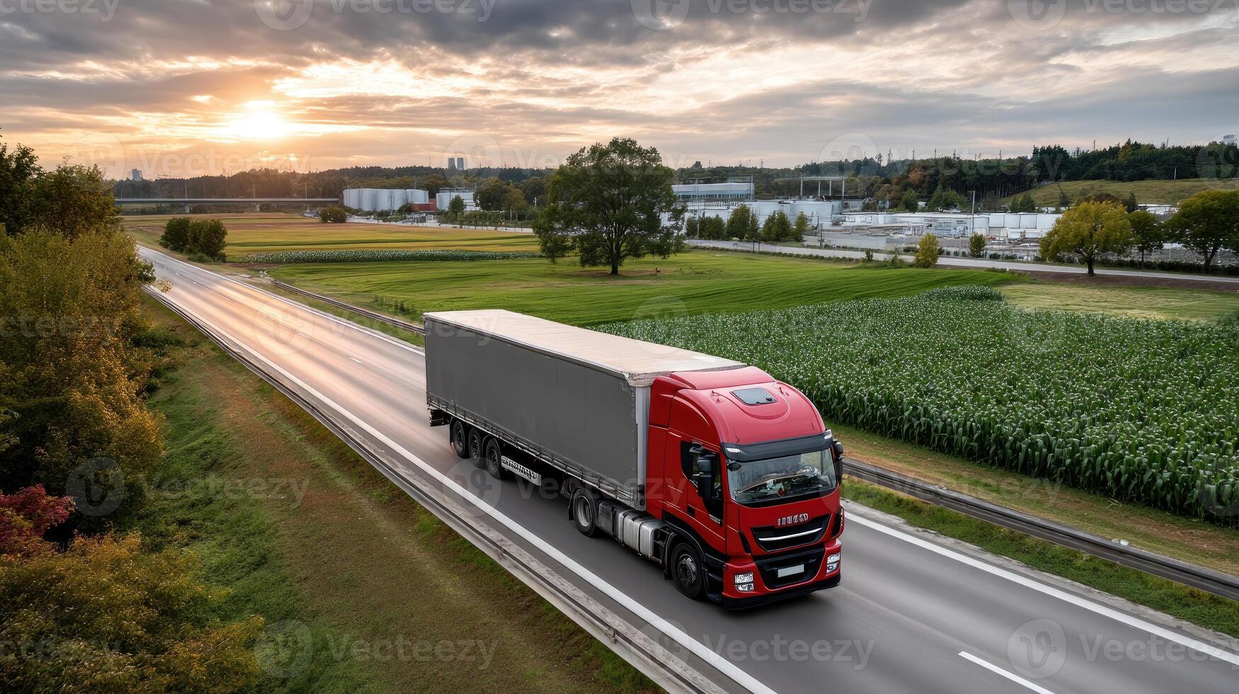 A red truck driving down a road at sunset photo