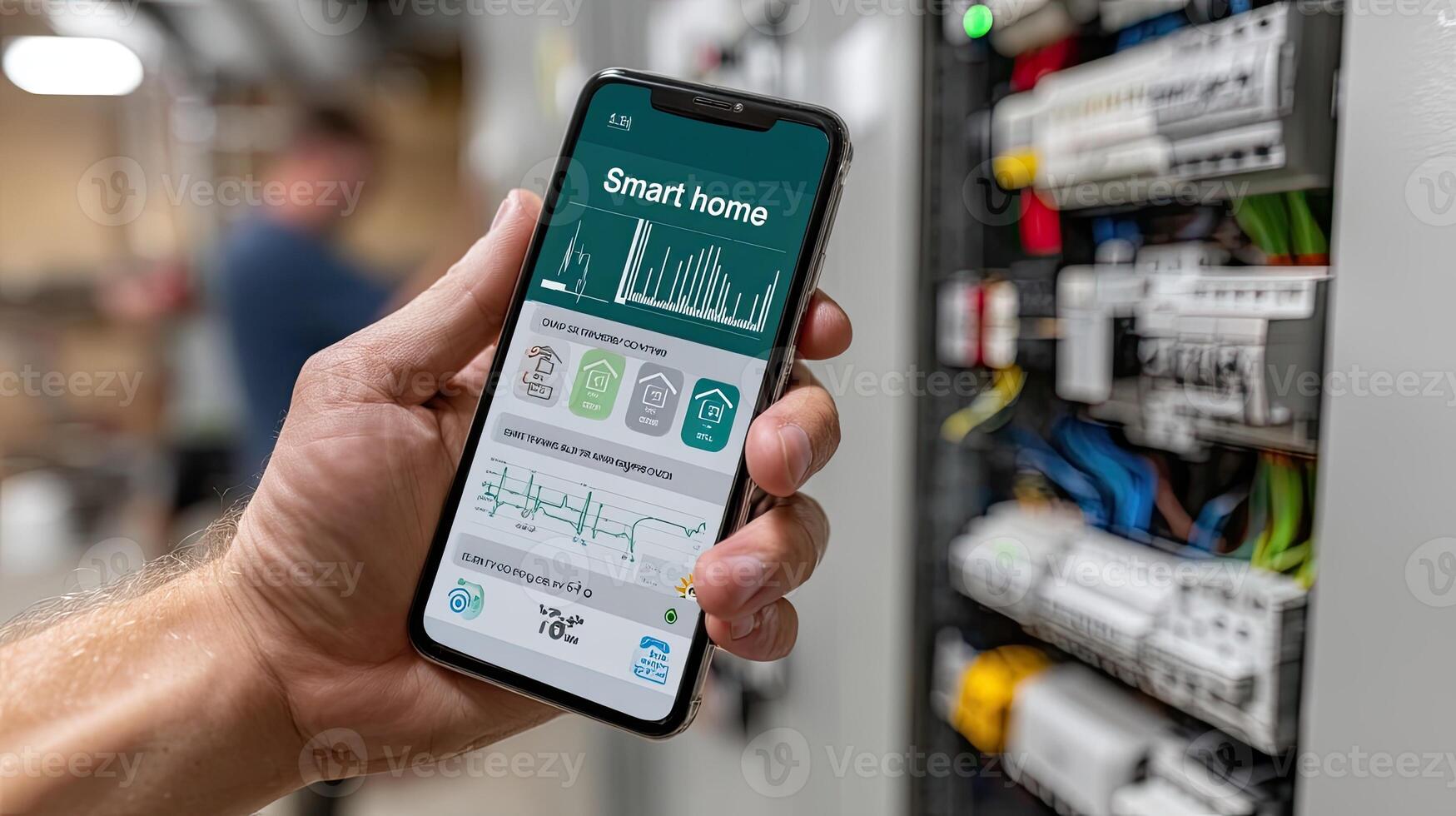 A person holding a smart phone in front of an electrical panel photo