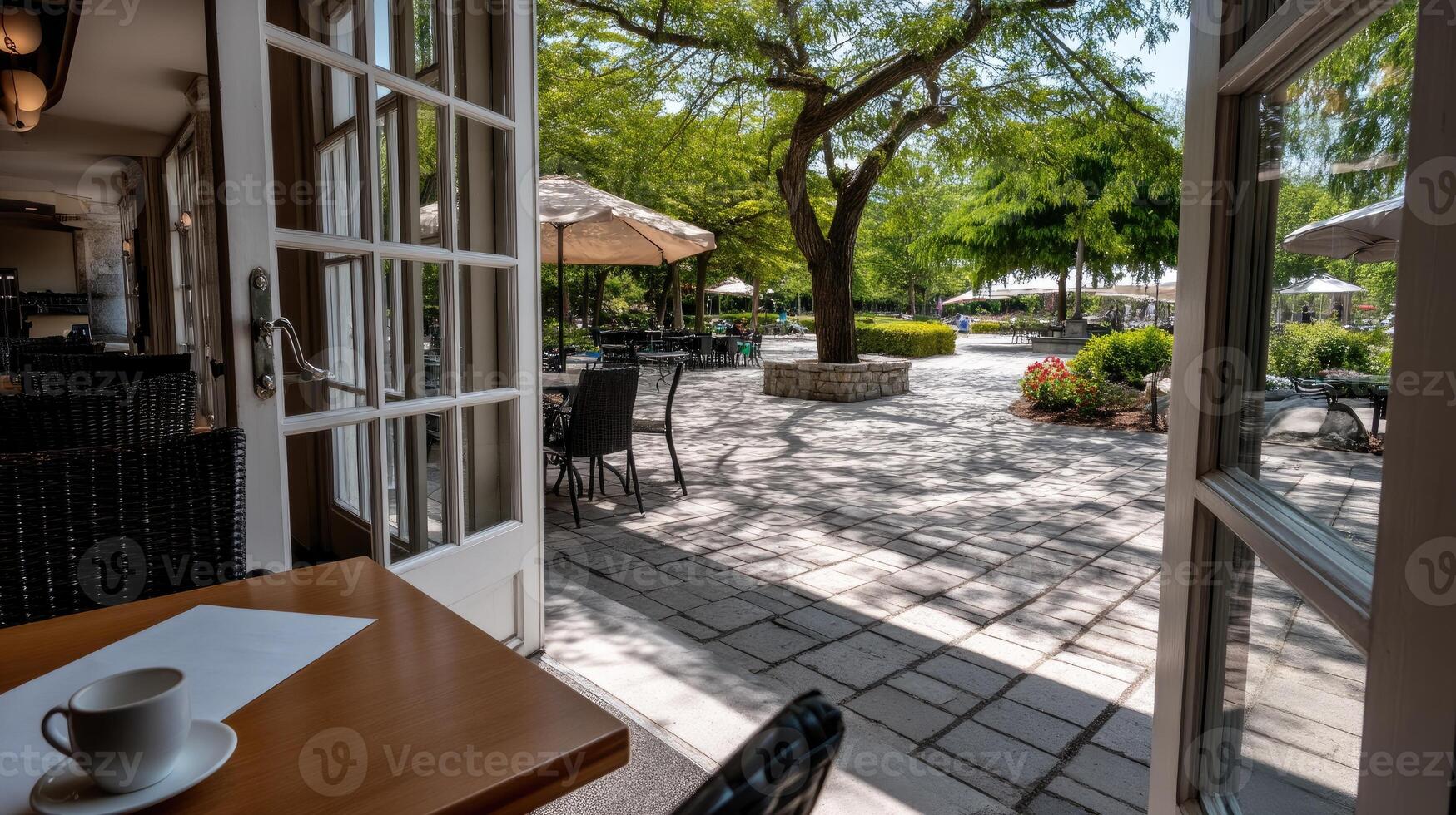 A patio with tables and chairs and an open door photo