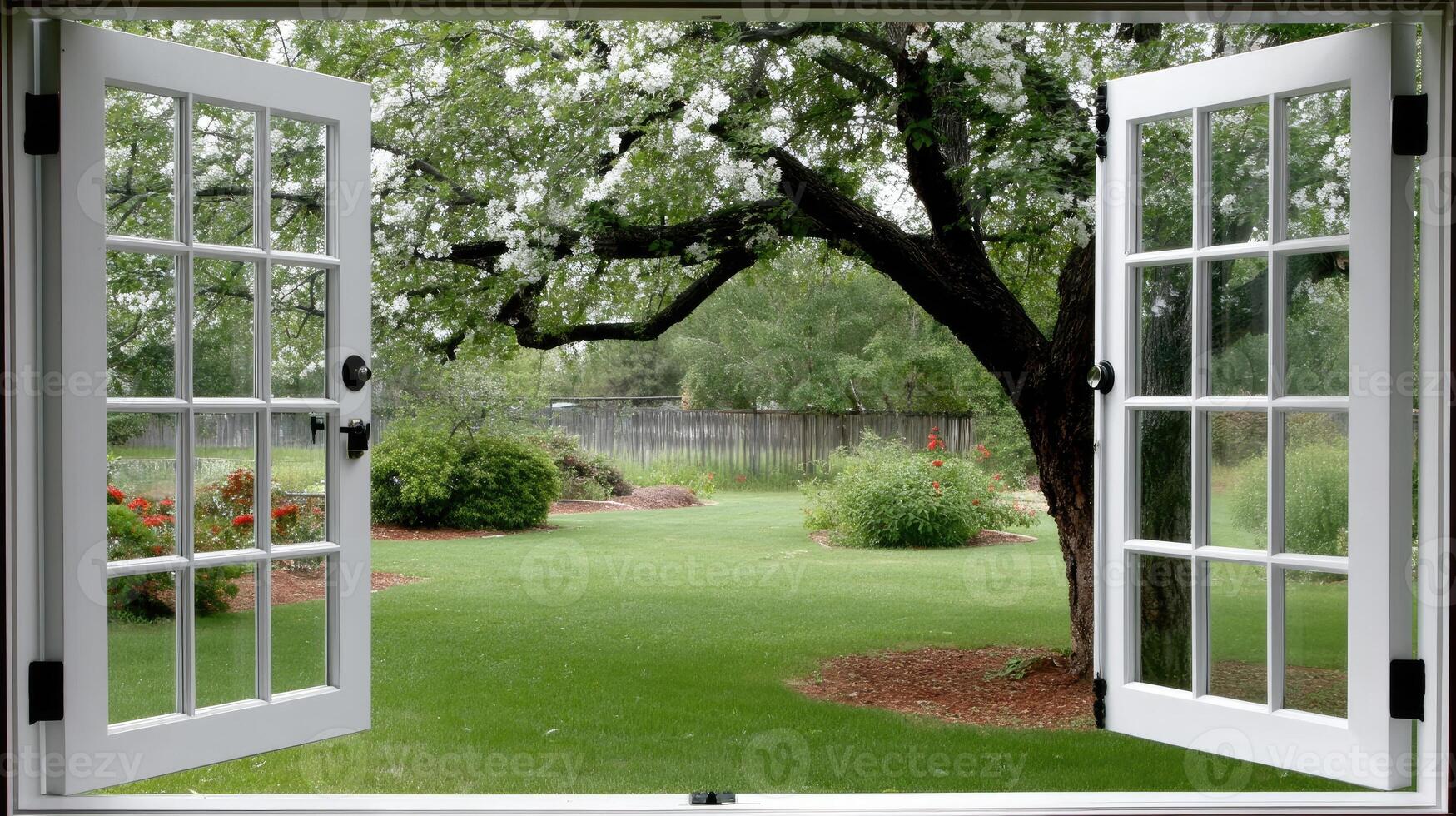 A view of a garden through an open window photo