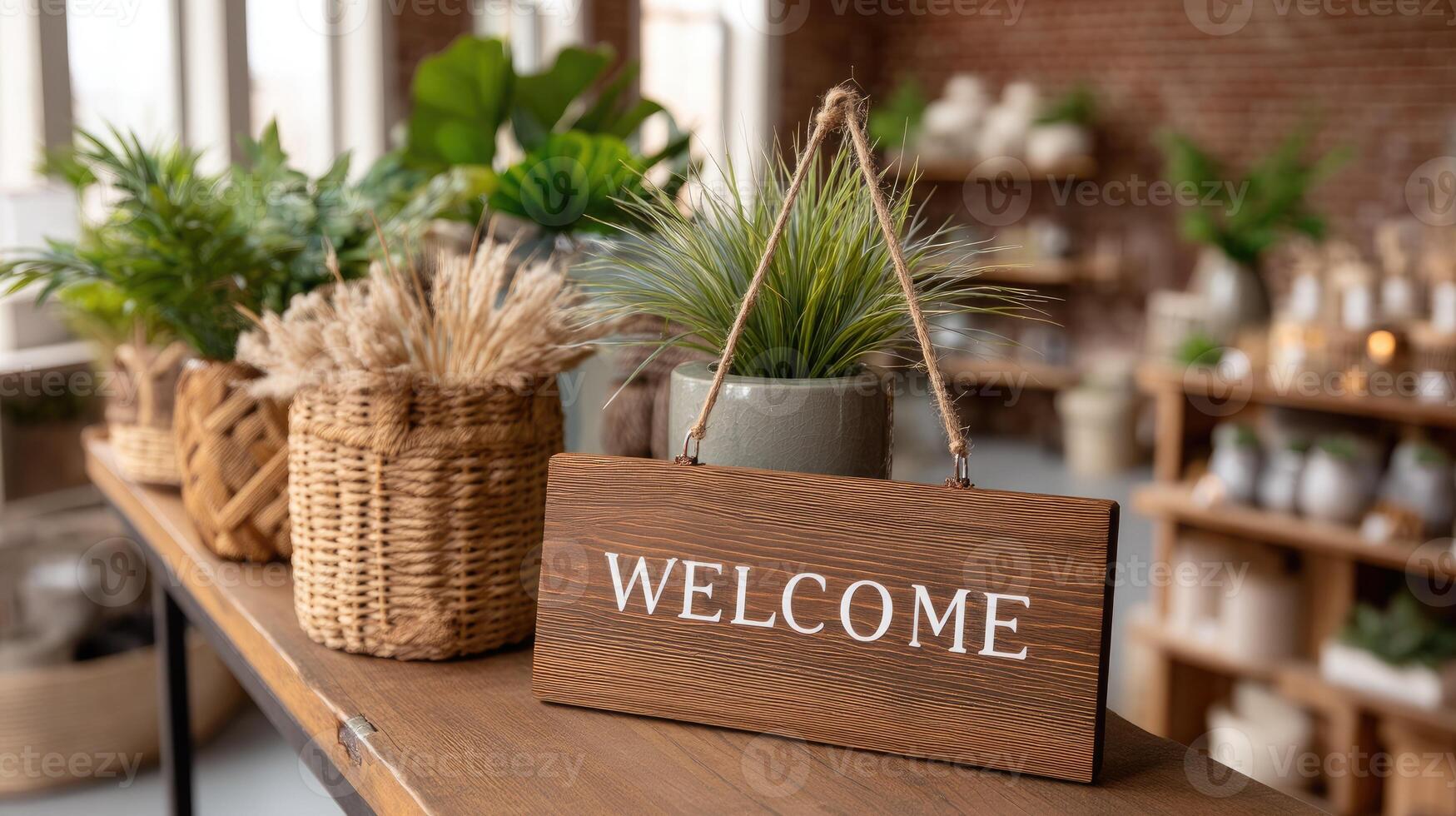 Welcome sign on wooden table in a home store photo