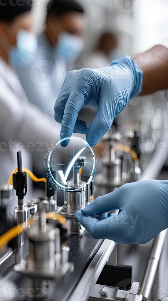 A person in blue gloves is holding a button on a machine photo