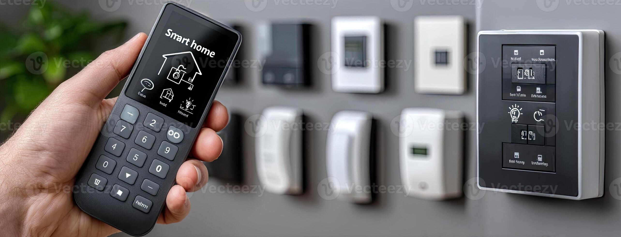 A person holding a remote control in front of a wall of electronic devices photo