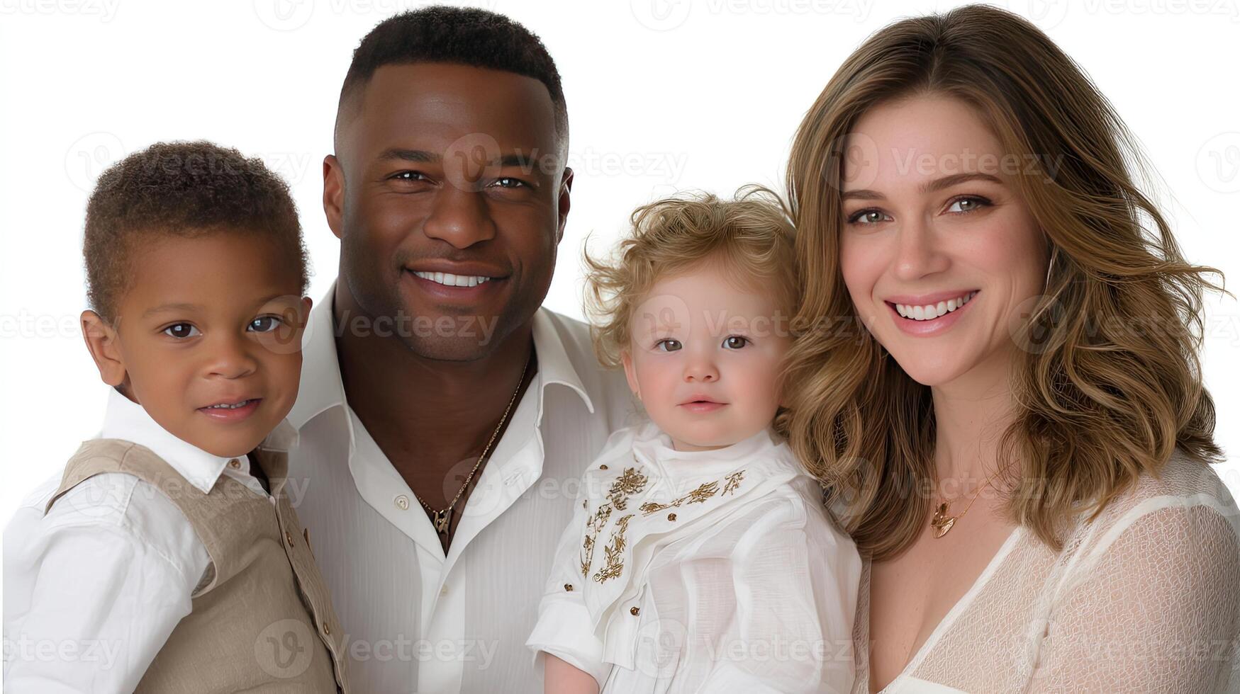 A man and woman with two children and a man holding a baby photo