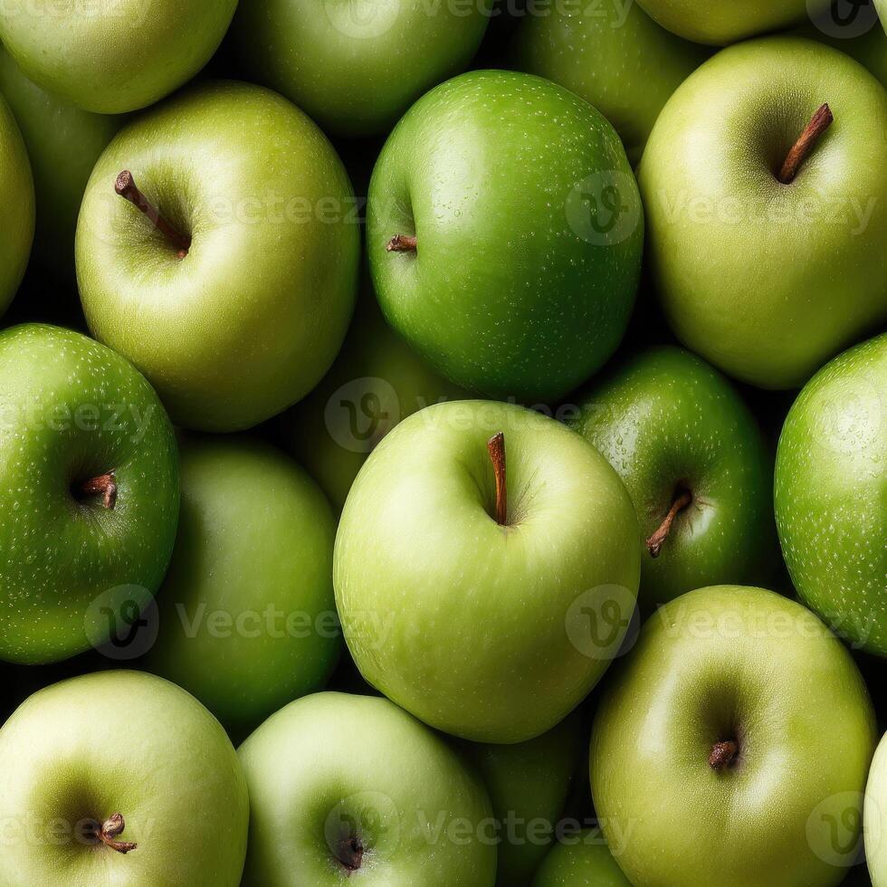 Close-up view of fresh green apples surrounded by leaves, showcasing their vibrant color and texture, perfect for food-related projects SEAMLESS PATTERN photo