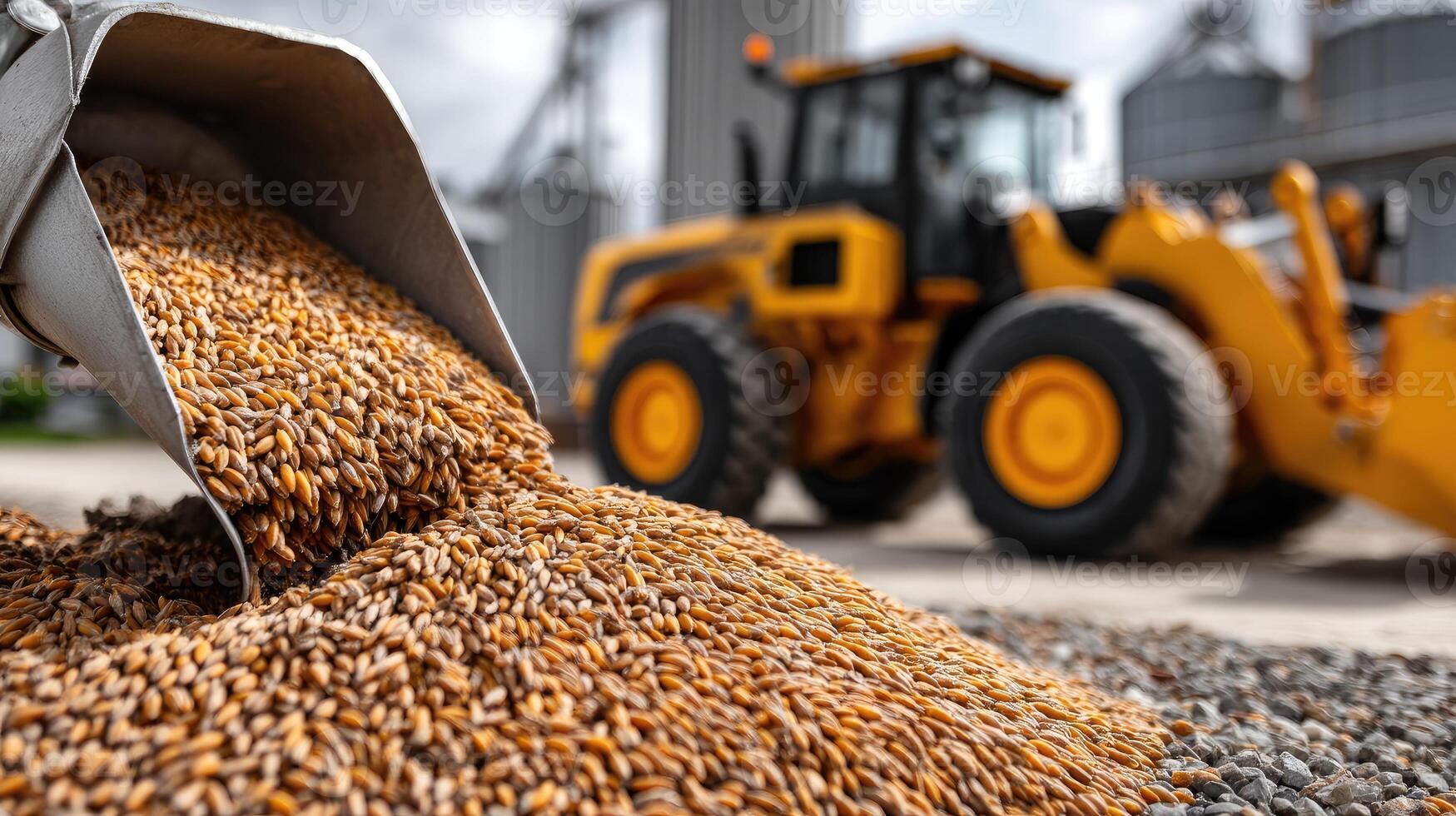 Grains are poured from an industrial crane onto a pile while a bulldozer loads wheat for processing in a bright warehouse photo