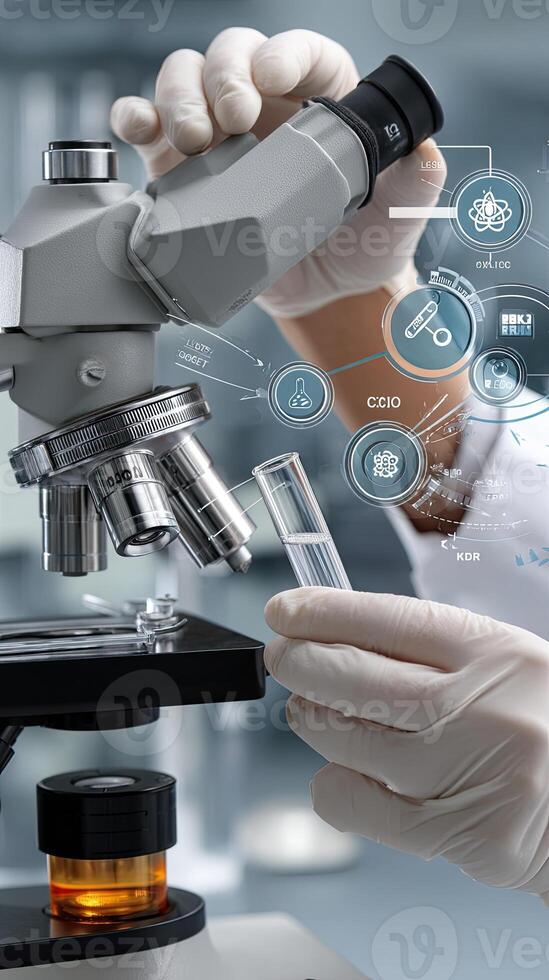 A person in a lab coat is holding a microscope photo