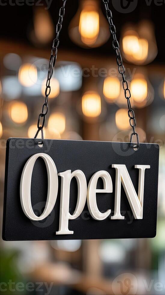 Open sign hanging from a chain in a restaurant photo