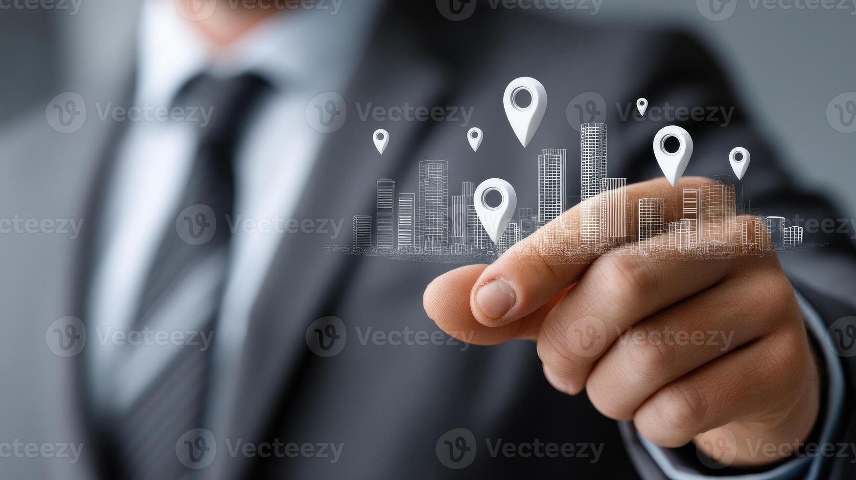 Businessman pointing to city map icons on business card photo