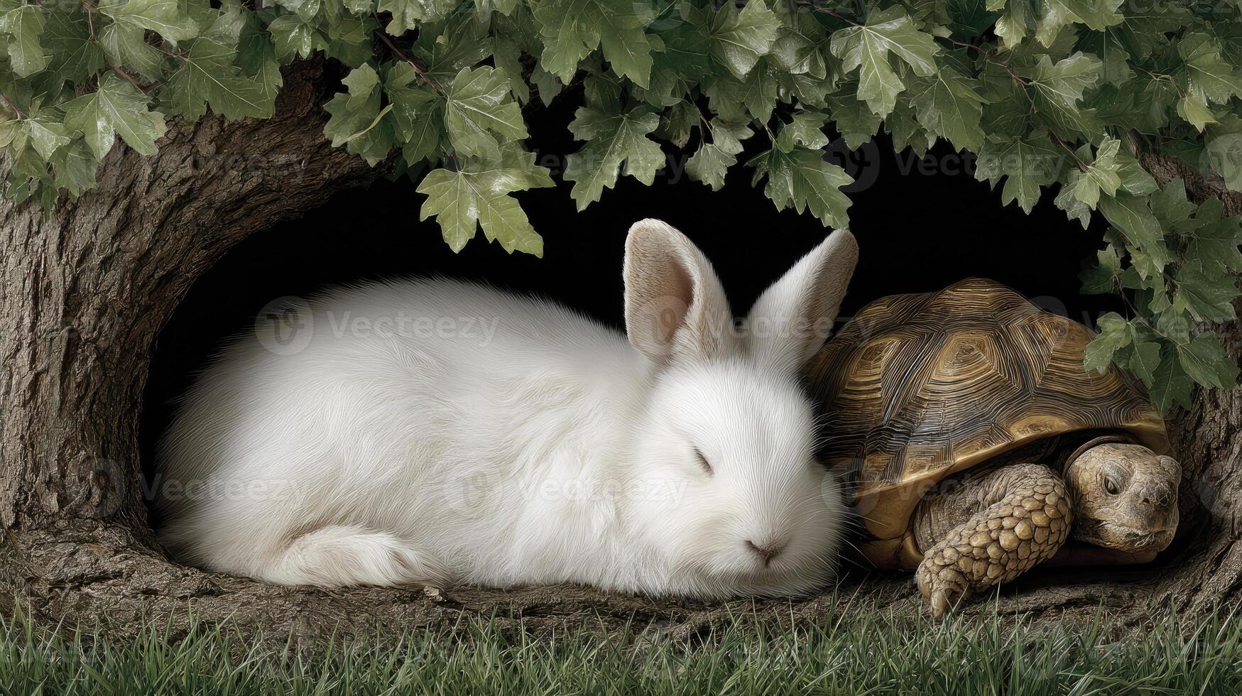 A white rabbit and a tortoise are sitting in a hole photo