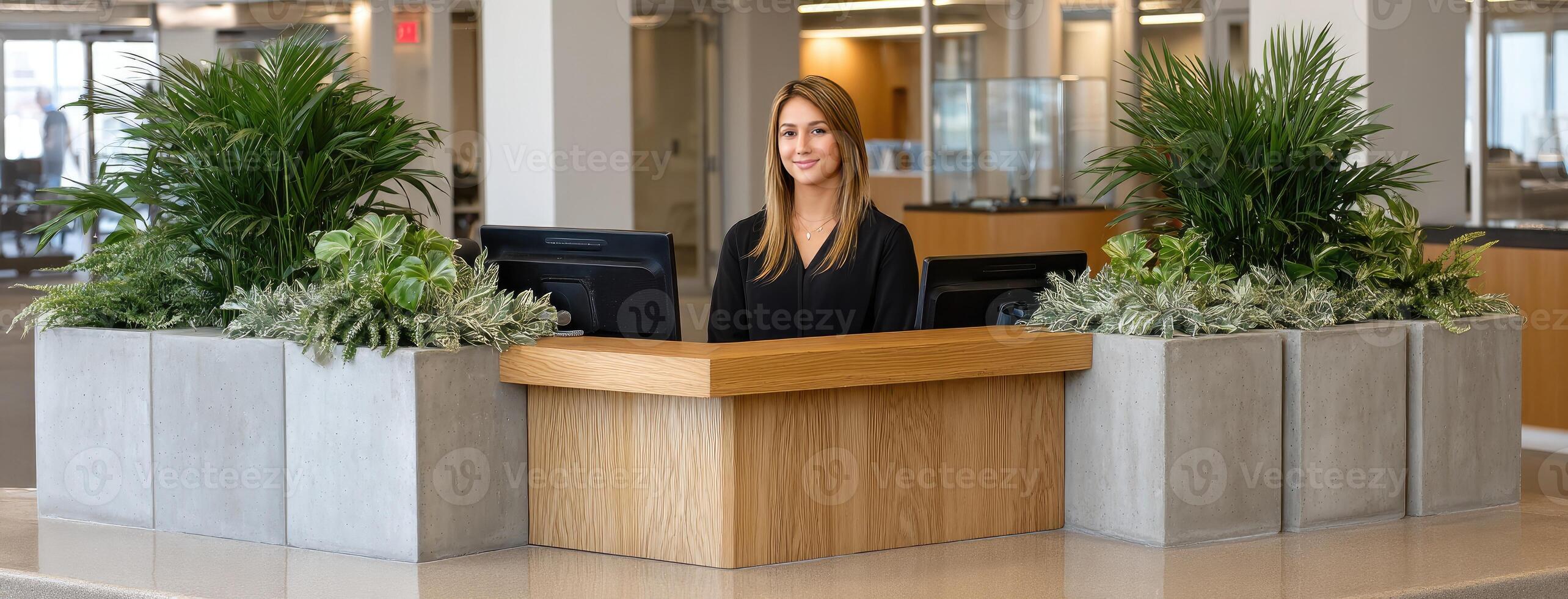 A woman is sitting at a desk with plants photo