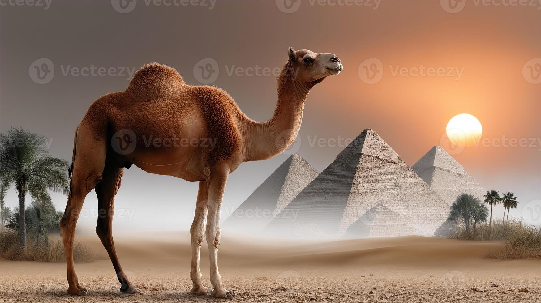 A camel stands in front of a pyramid photo