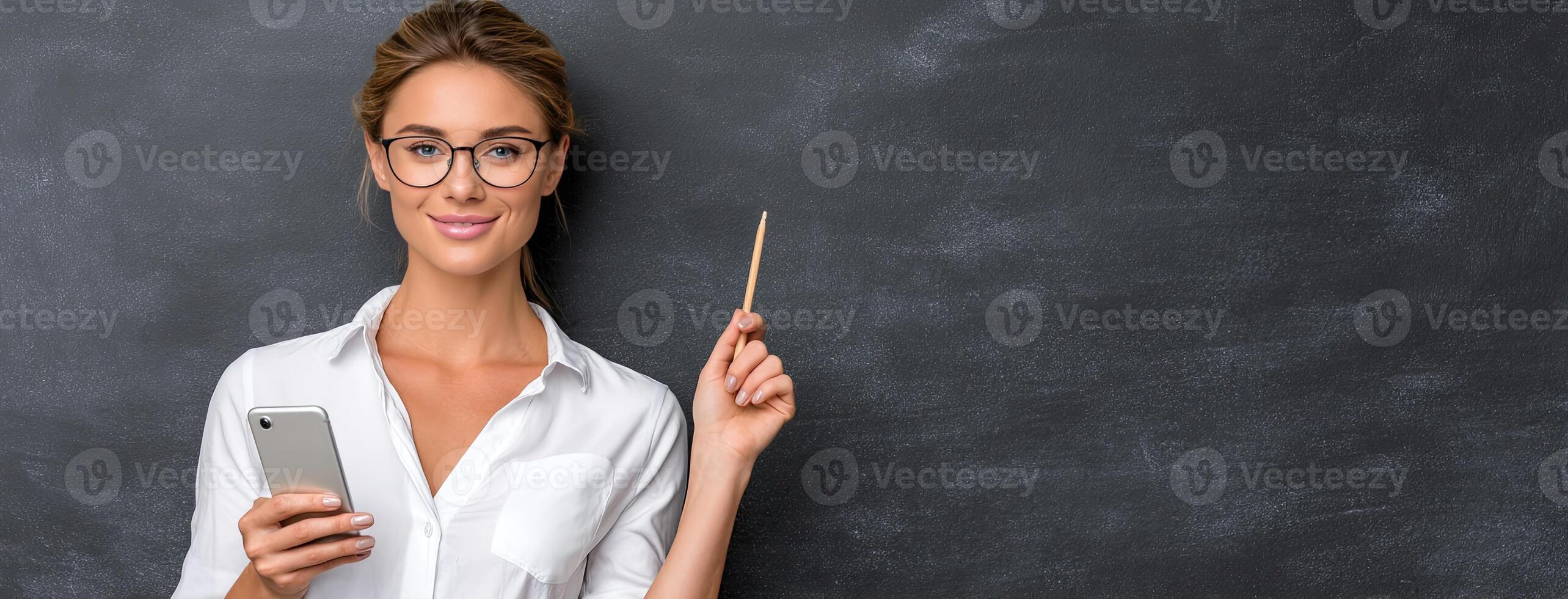 A woman in glasses holding a phone and pointing at a chalkboard photo
