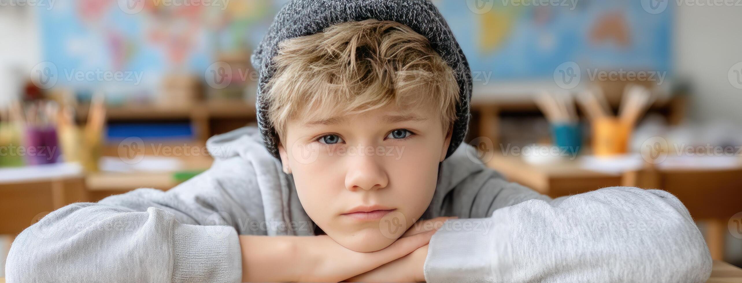 A boy in a grey sweater is sitting at a desk photo