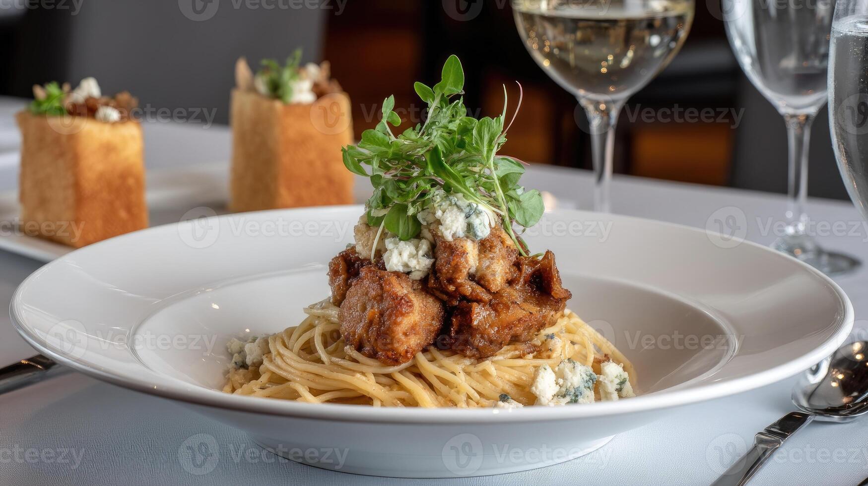A plate of spaghetti with meat and bread on it photo