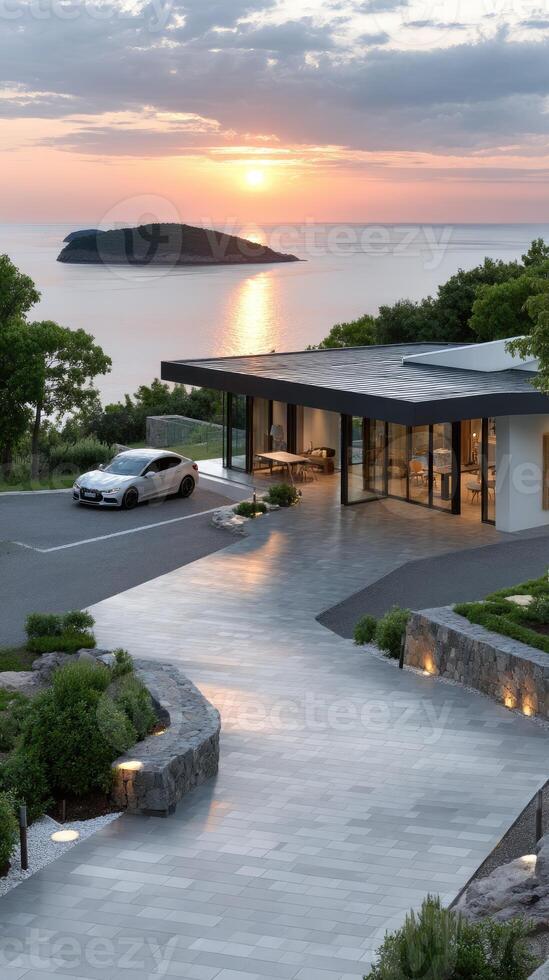 A modern home with a car parked in front of it photo