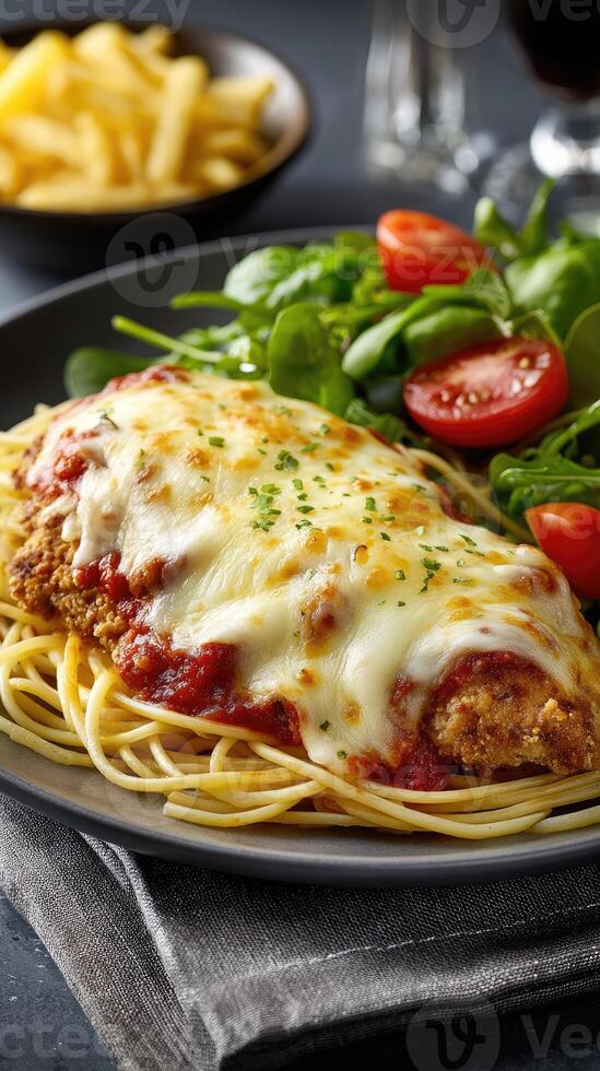 Chicken parmesan with spaghetti and salad on a plate photo