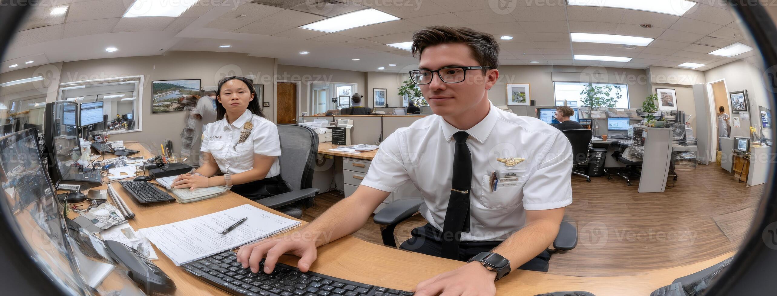 Two people in an office setting with computers photo